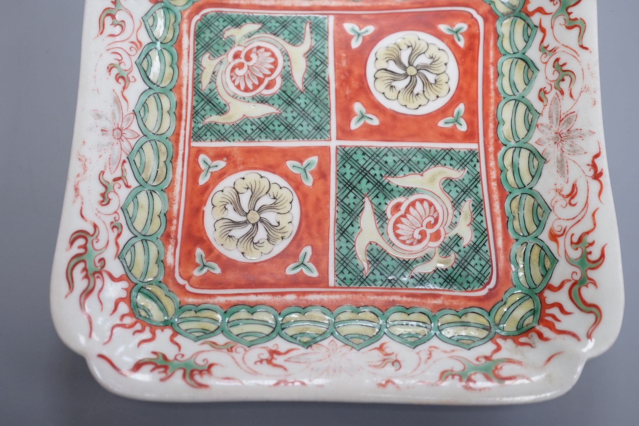 A Japanese Edo period Ko-Imari square polychrome dish, late 17th century 18cm